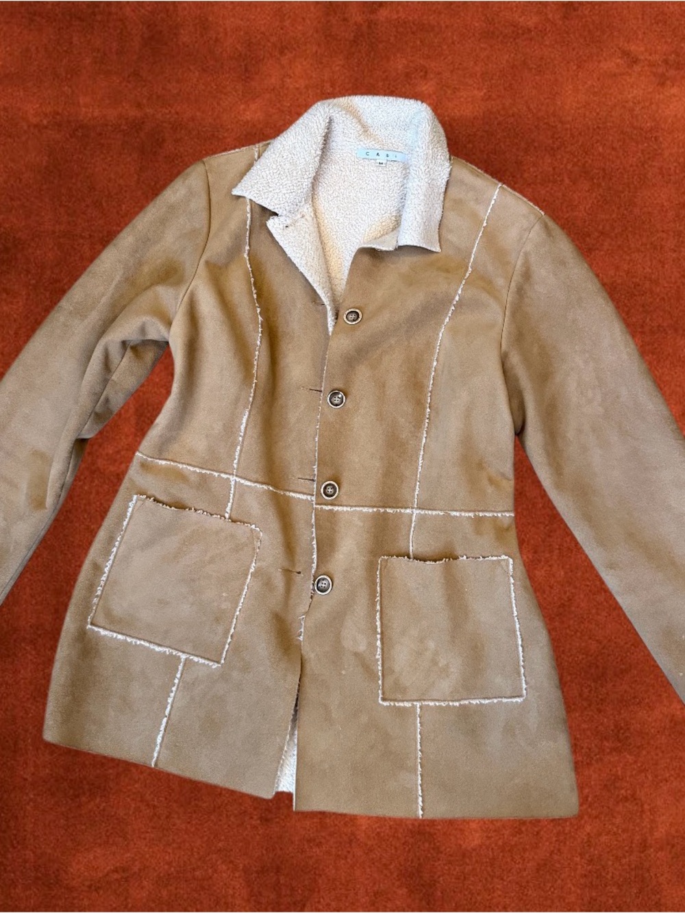 Tan Suede Shearling Jacket with Contrast Stitching